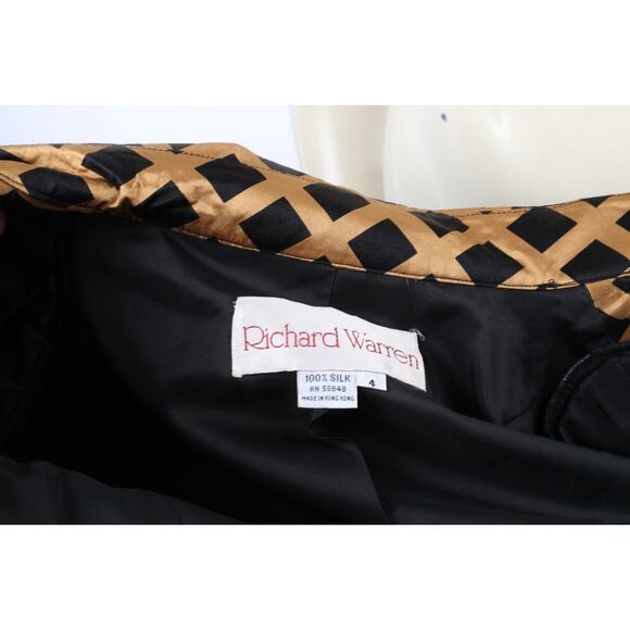 Richard Warren Pure Silk Vintage Peplum Blazer Beige Black Diamond Grid Size 4 - Picture 8 of 15